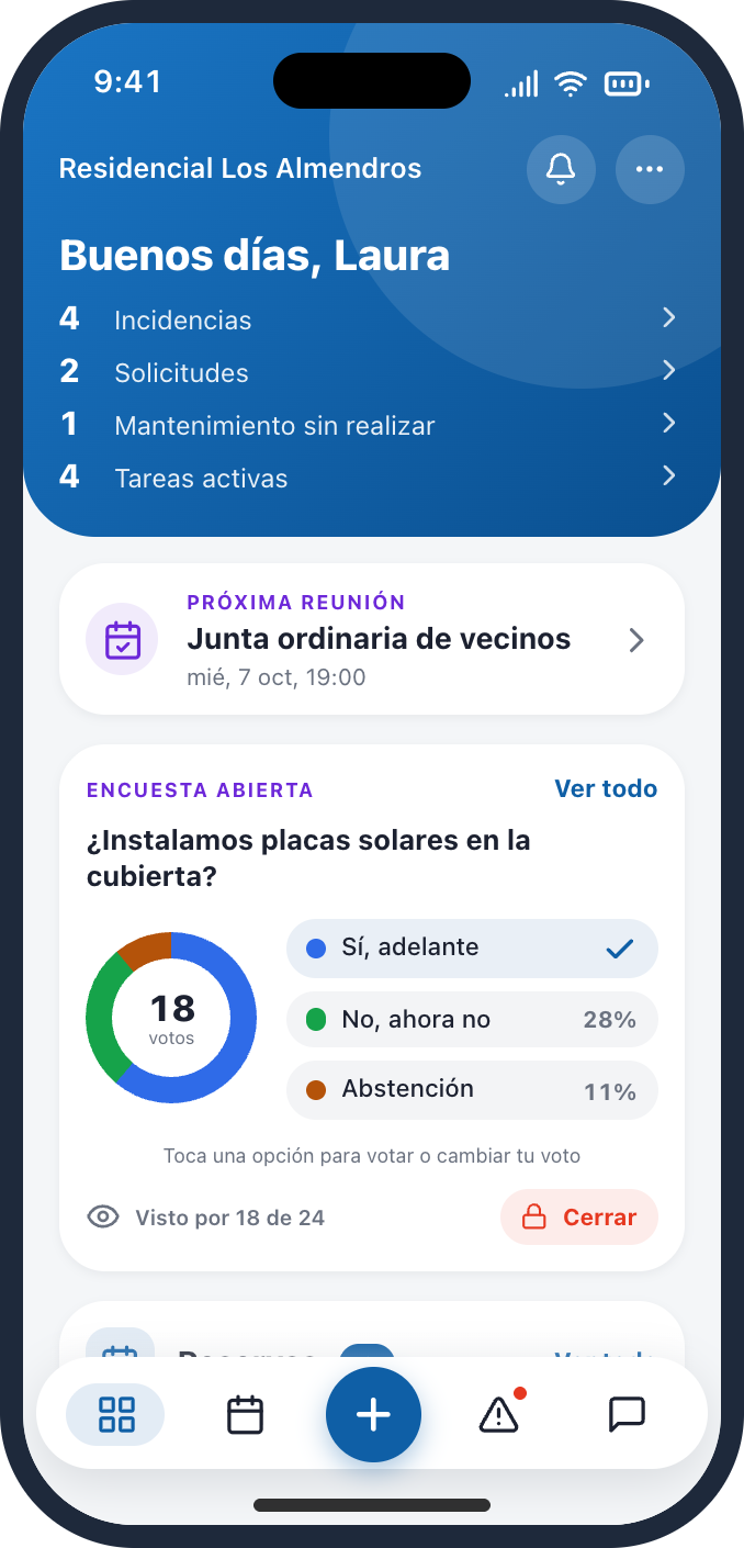 App Vecinly: resumen de la comunidad con incidencias, avisos y tareas.