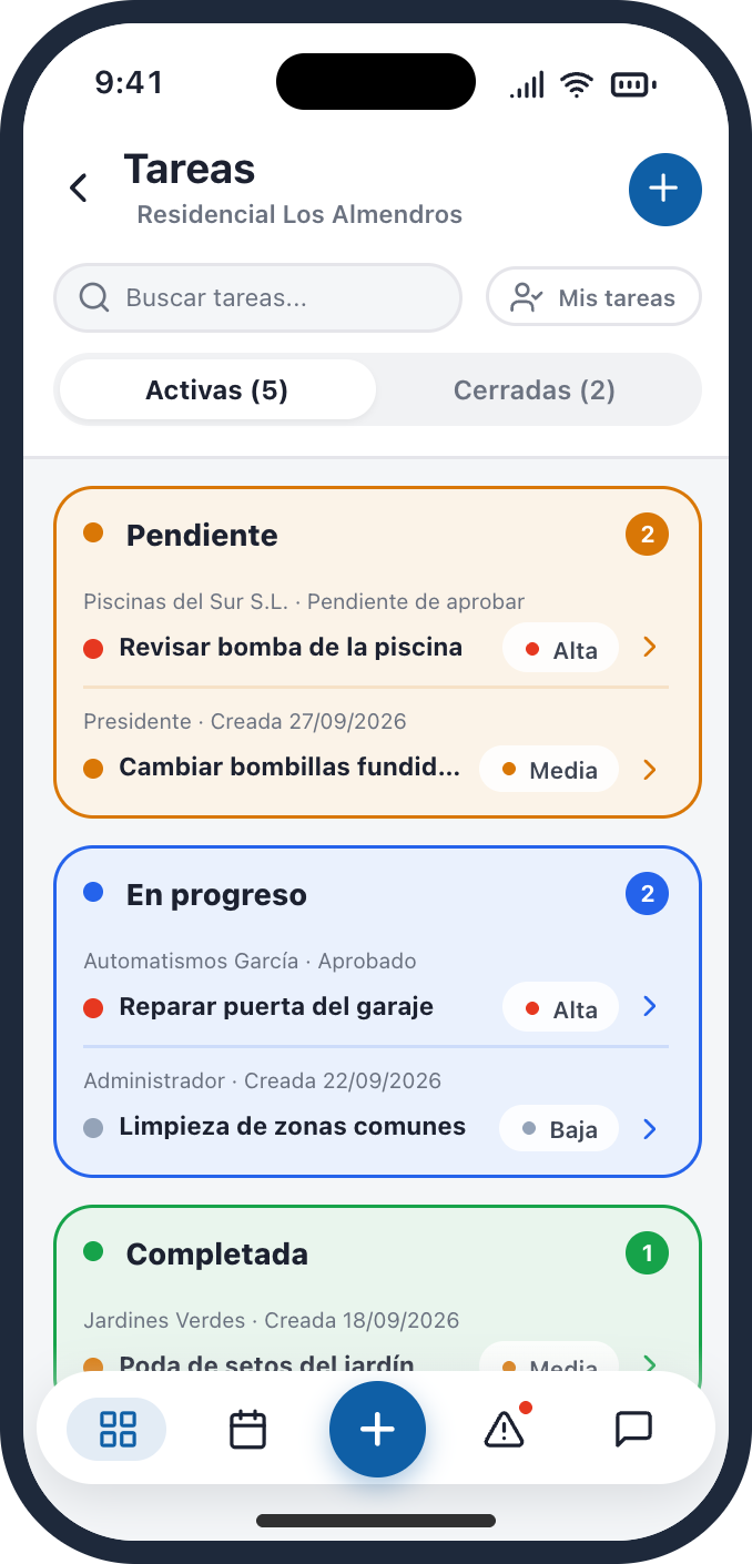 App Vecinly: tareas de mantenimiento por estado.