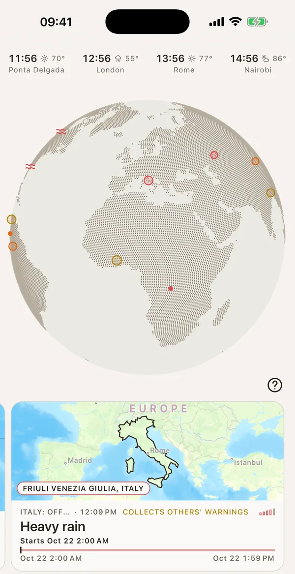 SonarMap app screenshot: the globe with the events in force, the time and weather in several cities at the top and, below, the card for an official heavy rain warning in Friuli Venezia Giulia, Italy