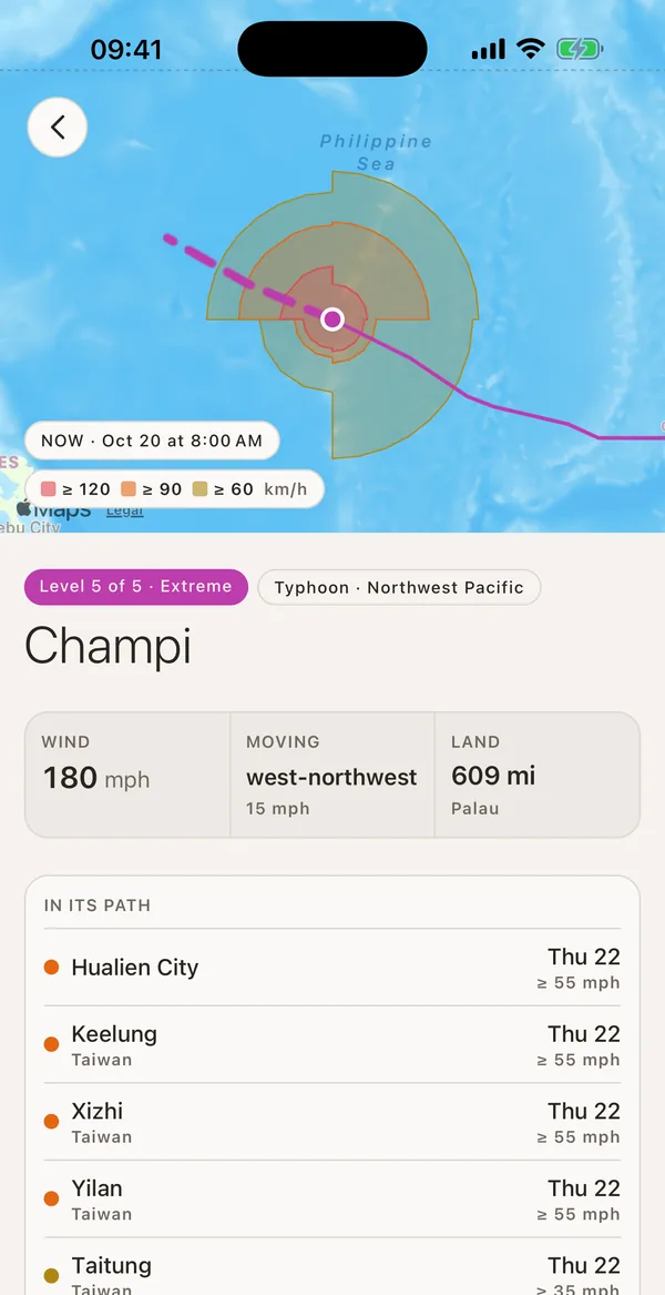 SonarMap app screenshot: Typhoon Champi in the northwest Pacific, level 5 of 5, with its track cone on the map, 180 mph winds, its heading and the places in Taiwan in its path