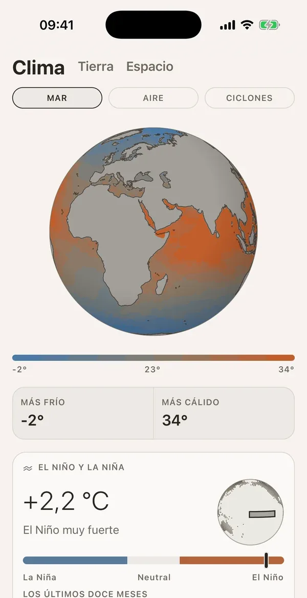 Captura de la app de SonarMap: la temperatura del mar en Planeta, sobre el globo, con el mínimo de -2° y el máximo de 34°, y el estado de El Niño