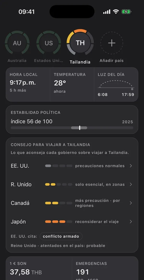 Tailandia en Viajar, en modo oscuro, con la hora local, la estabilidad política y el consejo de cada gobierno