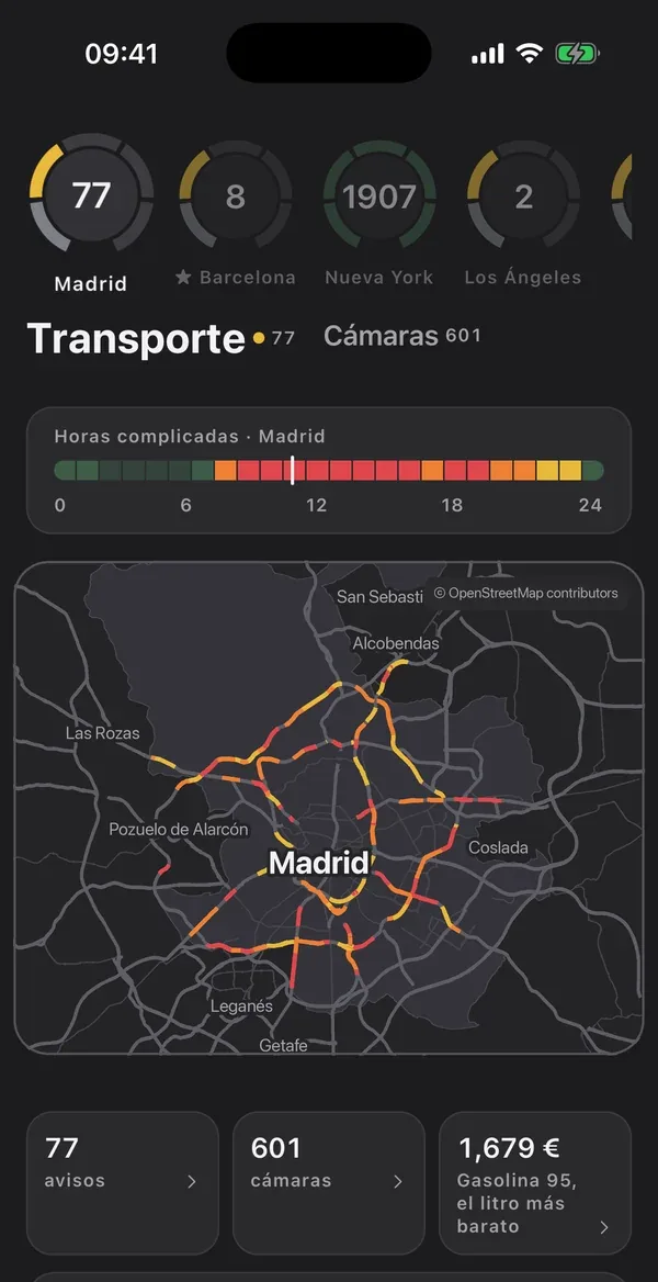 La zona de Madrid en Transporte, en modo oscuro, con las horas complicadas y el tráfico en directo